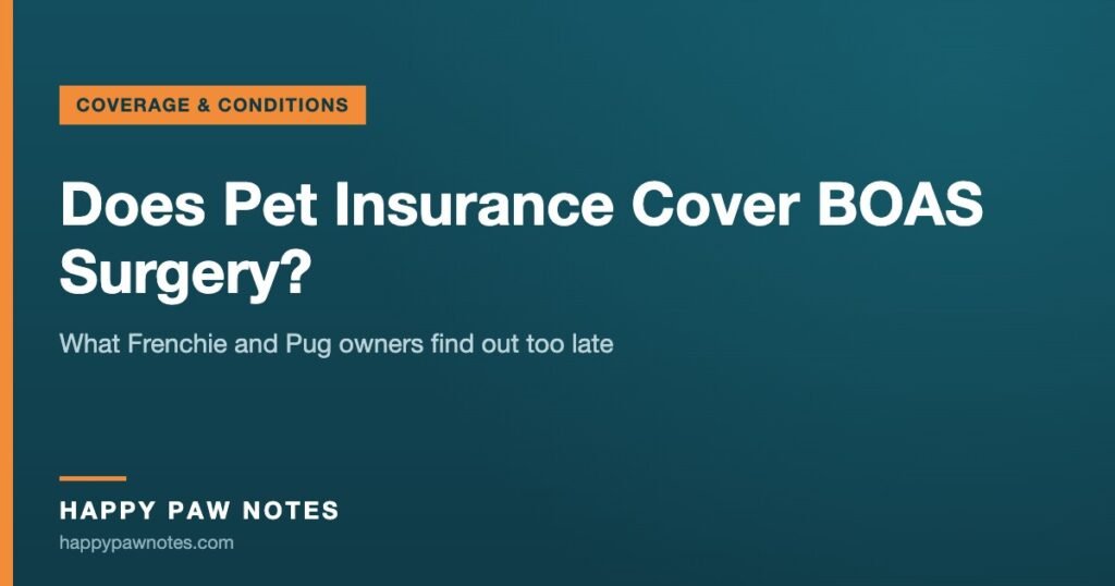 Navy cover reading Does Pet Insurance Cover BOAS Surgery? — Happy Paw Notes