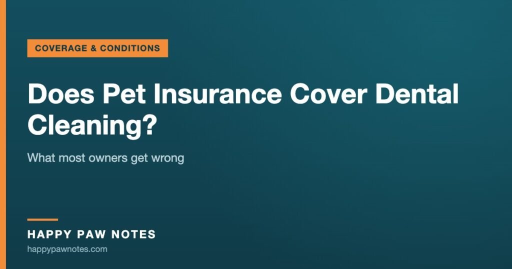 Navy cover reading Does Pet Insurance Cover Dental Cleaning? — Happy Paw Notes