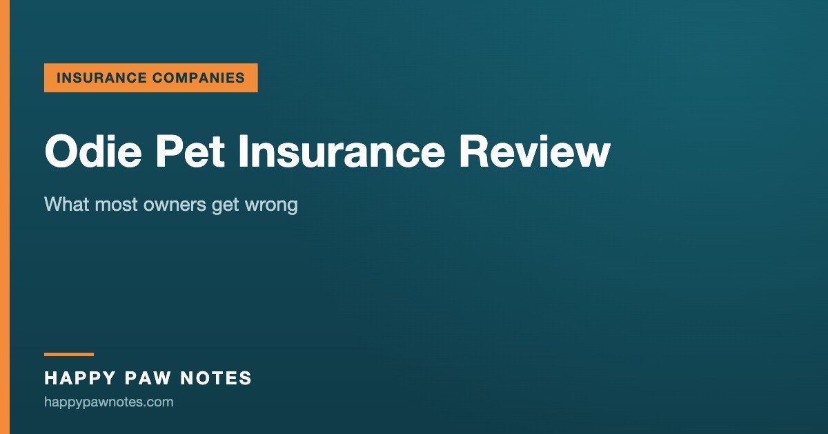 Navy cover reading Odie Pet Insurance Review — Happy Paw Notes