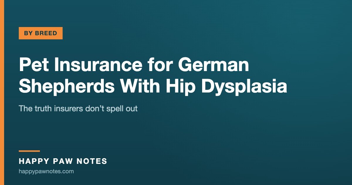 Navy cover reading Pet Insurance for German Shepherds With Hip Dysplasia — Happy Paw Notes
