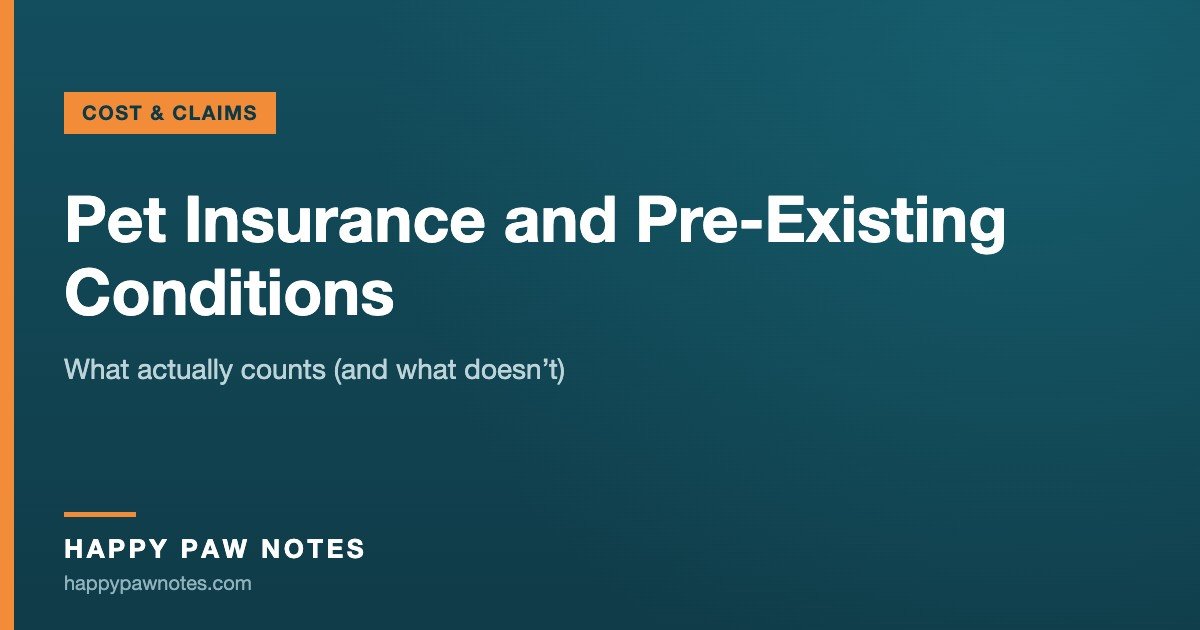 Navy cover reading Pet Insurance and Pre-Existing Conditions — Happy Paw Notes
